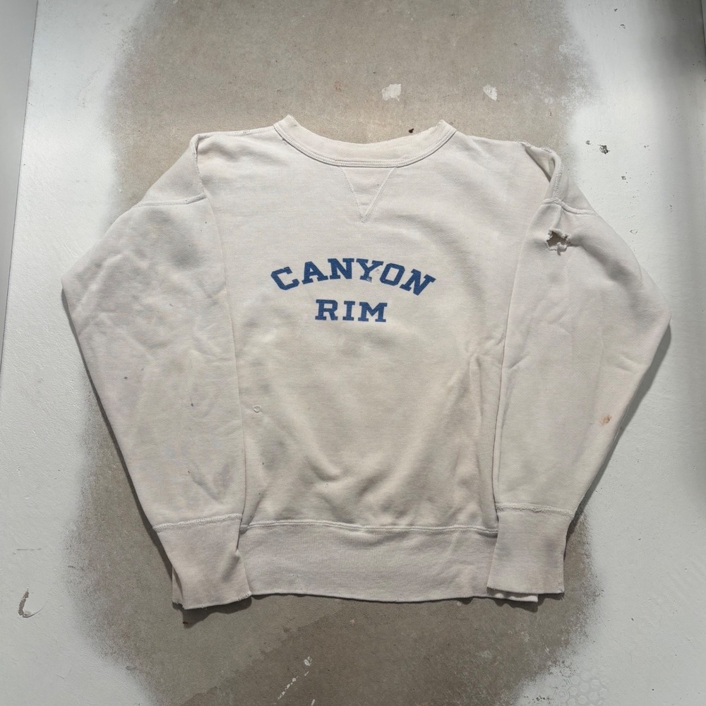 Vintage 60s Canyon Rim Crewneck Sweatshirt Off White Distressed Boxy Fit Mens XL